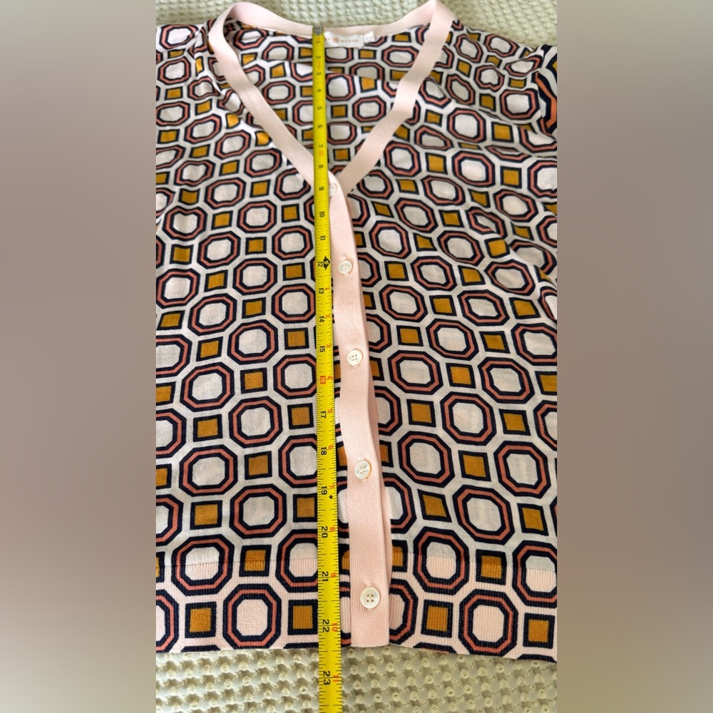 Tory Burch Wesley Cardigan Sweater Size Lrg Peach Geometric Print Silk Sleeves - Picture 4 of 16